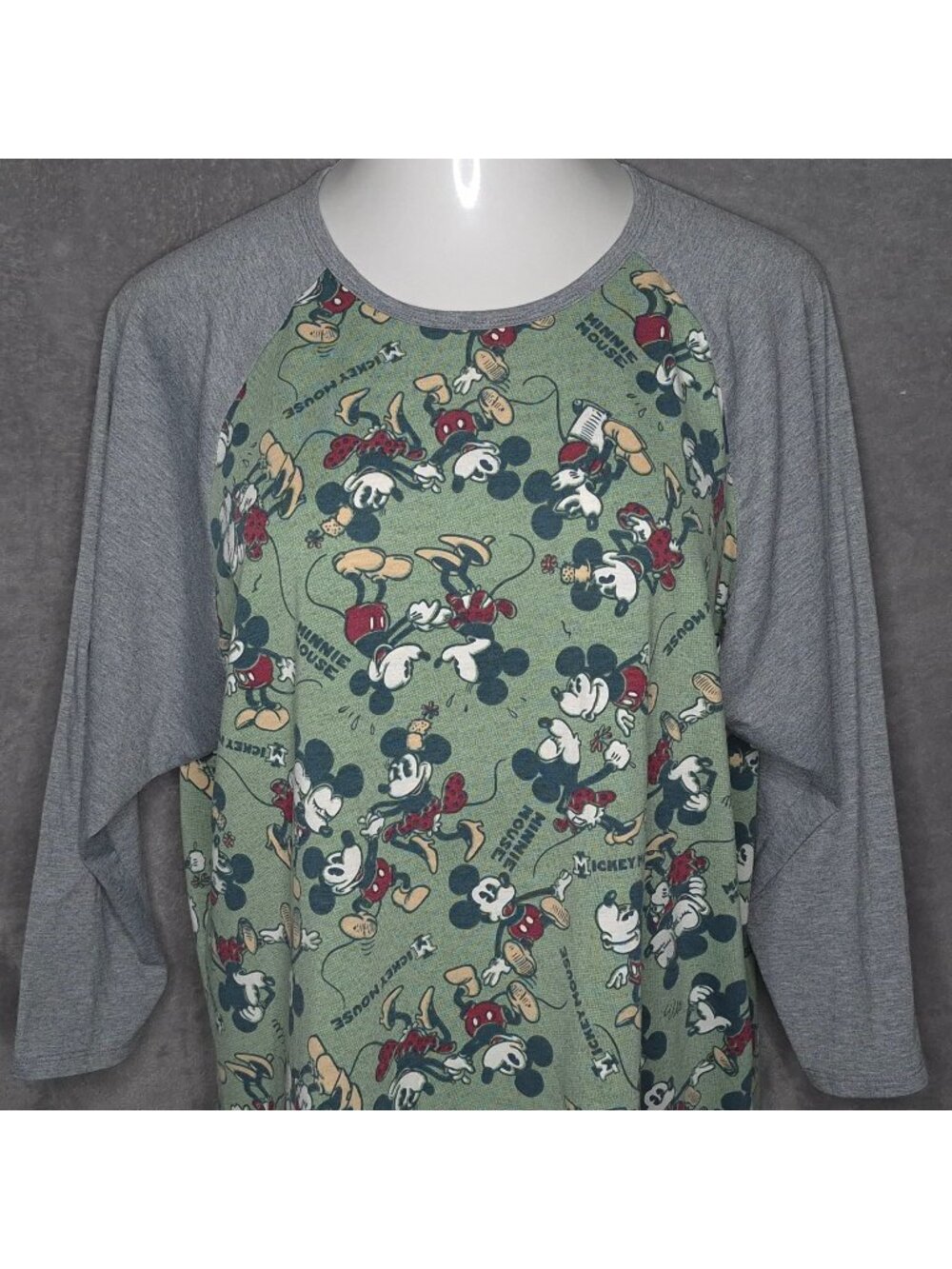 LuLaRoe Mickey Mouse Green & Gray Raglan Tunic Top 3XL Disney Graphic Shirt